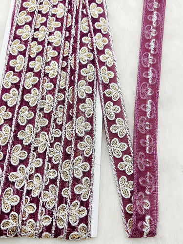 Wholesale Wine Red Net Lace Floral Embroidery & Glitter Gold Sequins, Indian Wedding Border, Gifting Ribbon Costume Trim Fashion Trimming